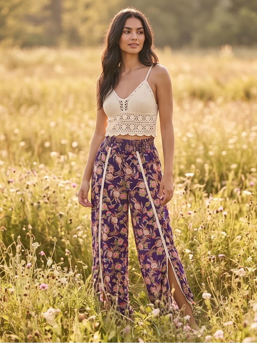 Anthropologie High Waist Purple Floral Wide Leg Pants Slit Size M